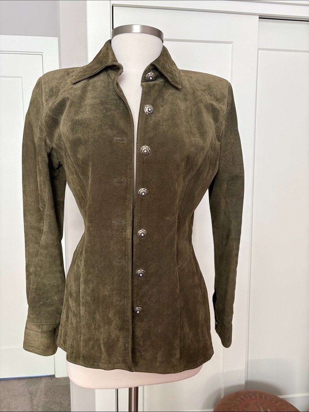 Vintage Olive Suede Button-Front Women's Jacket by Char of Santa Fe, USA.
